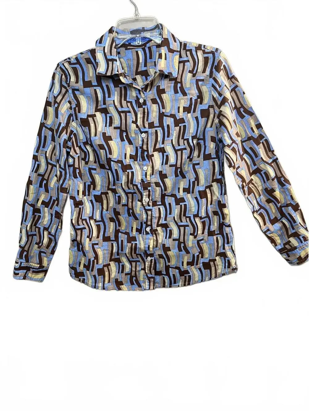 J. McLaughlin Printed Cotton Top Abstract Art Retro Blue & Brown Button Up Small - Picture 1 of 10